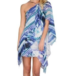 BCBGMAXAZRIA GiGi Blue Caped Shoulder Layered Silk Chiffon Mini Dress Women's 4